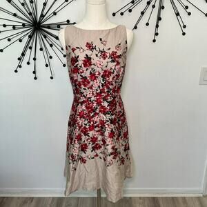 Ann Taylor LOFT Floral Fit & Flare Dress Size 4 Sleeveless Beige Red Midi